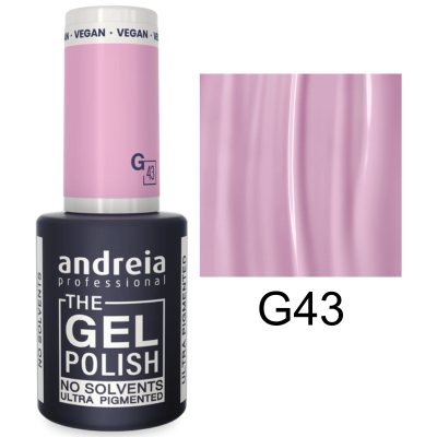 Esmalte gel Andreia Professional The Gel Polish cor G43 e amostra da cor rosa