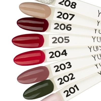 Mostruário de cores de vernizes para unhas numerados de 201 a 208