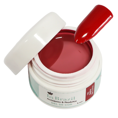 Gel de cor vermelha para unhas em recipiente branco com tampa, textura brilhante