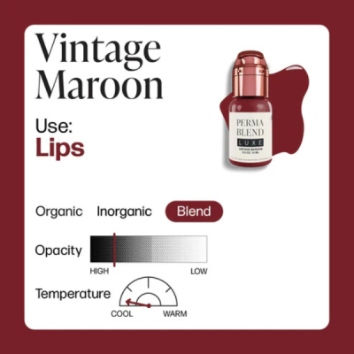 Frasco de tinta para lábios Vintage Maroon da Perma Blend com detalhes em vinho e tampa rosada metálica