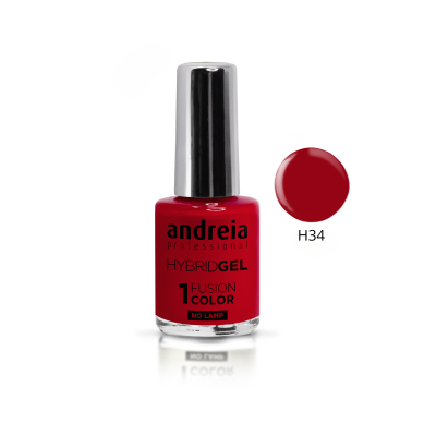 Verniz de unhas vermelho da marca andreia com tampa prateada e amostra da cor H34