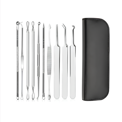 Conjunto de ferramentas para cuidados de pele em aço inoxidável com bolsa preta