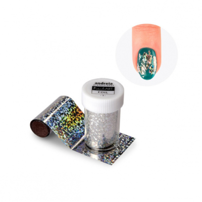 Rolo e frasco de foil holográfico para unhas com aplicação em unha verde escura.