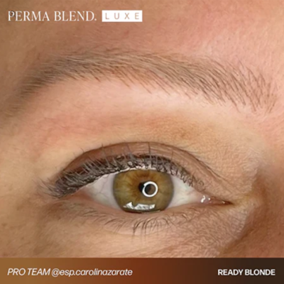 Close-up de um olho com maquilhagem permanente, texto PERMA BLEND LUXE