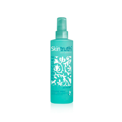 Frasco spray azul Skin truth para pedicure com padrão floral branco