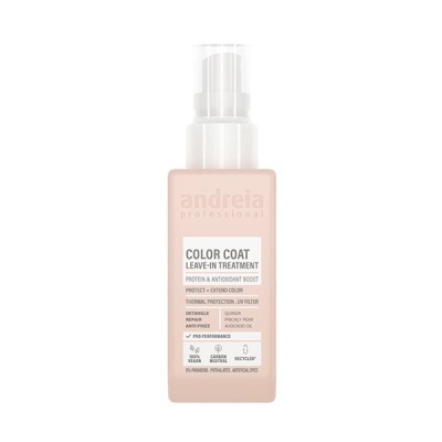 Frasco rosa claro com tampa branca de spray de tratamento leave-in para cabelo Andreia Professional