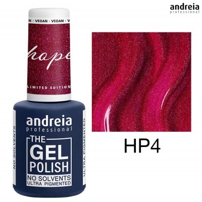 Verniz gel Andreia Professional azul escuro com tampa branca e amostra de cor vermelha brilhante HP4