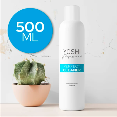 Frasco branco de 500 ml com rótulo YOSHI Perfect Cleaner ao lado de vaso com cacto