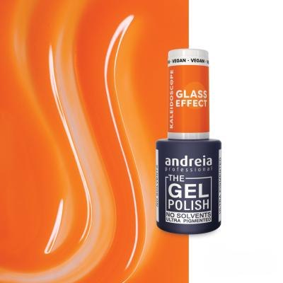 Frasco de verniz gel Andreia Professional com tampo laranja e corpo preto com texto visível