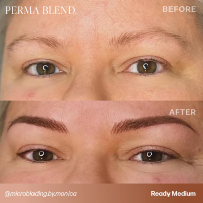 Antes e depois do microblading em sobrancelhas com texto informativo.