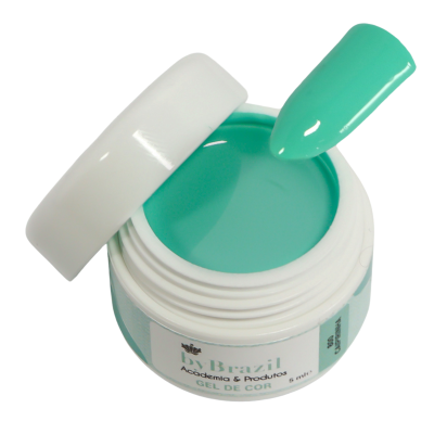 Gel de cor azul esverdeado By Brazil para unhas em embalagem branca com tampa aberta