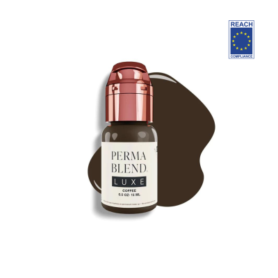 Frasco de vidro com tampa bronze e rótulo PERMA BLEND LUXE COFFEE em fundo branco