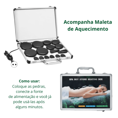 Estojo metálico com pedras de massagem pretas e imagem de spa na tampa