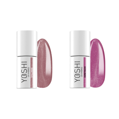 Duas garrafas de verniz de unhas YOSHI castanho brilhante e rosa brilhante