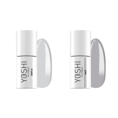 Dois frascos brancos de verniz de unhas YOSHI com amostras de cor bege claro e cinza claro.