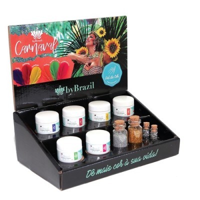 Expositor de cosméticos com cremes e purpurinas coloridas