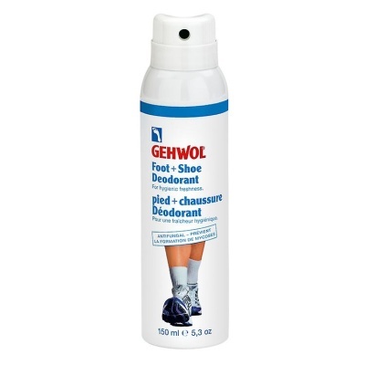 Spray desodorizante GEHWOL Foot + Shoe em embalagem branca com tampo spray