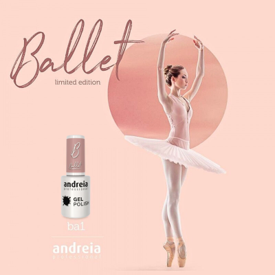 Verniz de unhas rosa claro Andreia Ballet edição limitada com bailarina em fundo rosa