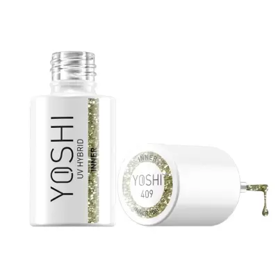 Frasco branco de verniz UV híbrido YOSHI com glitter dourado e tampa branca com etiqueta