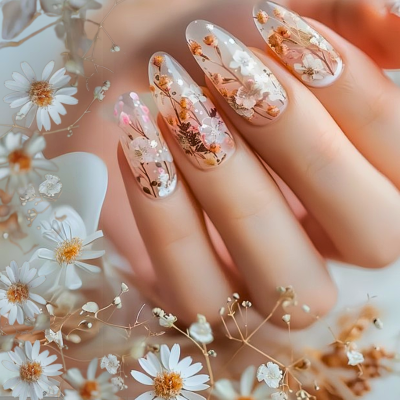 Manicure com unhas artificiais decoradas com flores secas em tons naturais