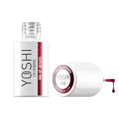 frasco branco de verniz para unhas YOSHI UV HYBRID INK OF DESIRE com tampa a pingar verniz vermelho