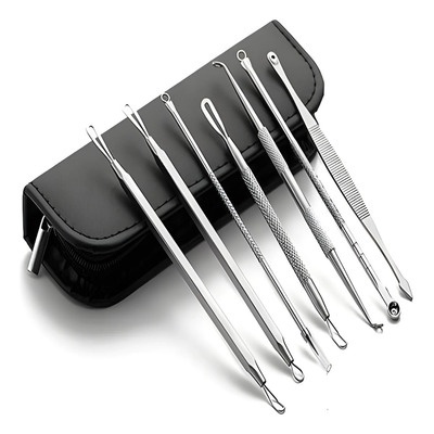 Conjunto de 7 ferramentas de aço inoxidável com estojo preto para cuidados pessoais.