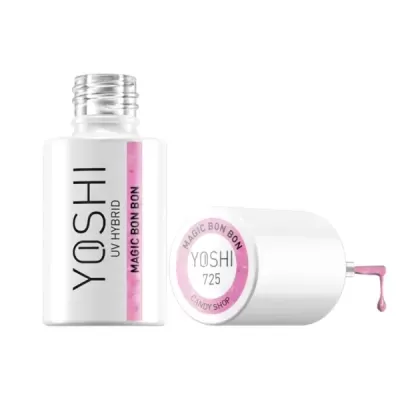Frasco branco de verniz UV híbrido YOSHI, cor rosa claro Magic Bon Bon 725.