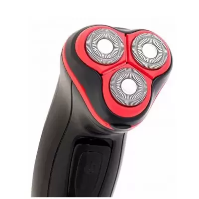 Barbeador elétrico preto e vermelho com três cabeças de corte circulares