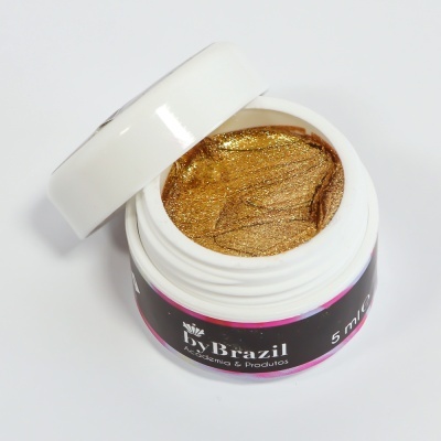 Pote branco aberto com gel dourado metálico e rótulo byBrazil 5 ml