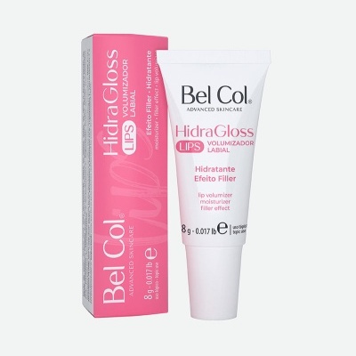 Hidratante labial Bel Col HidraGloss LIPS em tubo branco com caixa rosa