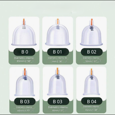 Seis copos transparentes para ventosas com válvulas laranja e diferentes diâmetros.
