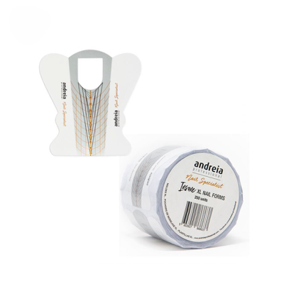 Formas para unhas XL em papel branco com linhas pretas e laranja e embalagem em rolo.