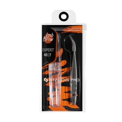 Conjunto de pinça e aplicador para sobrancelhas em embalagem transparente com fundo preto e laranja