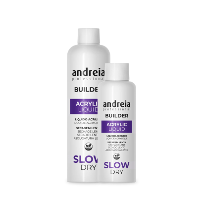 Duas garrafas brancas Andreia Builder Acrylic Liquid Slow Dry