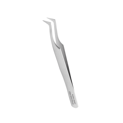Pinça de precisão em aço inoxidável com ponta curva e texto visível