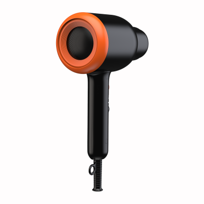 Secador de cabelo preto com detalhes laranja e cabo preto