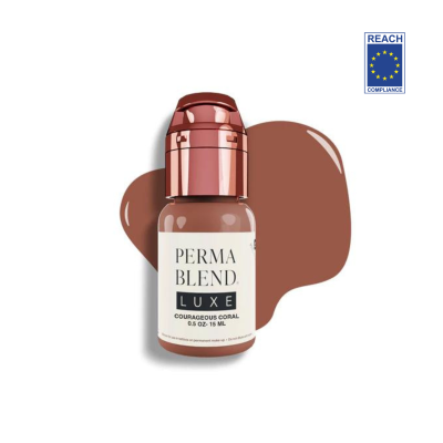 Frasco pequeno de liquido cor coral Perma Blend Luxe com tampa rosé dourado