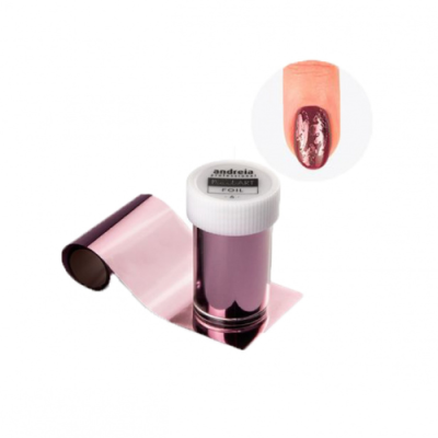 Frasco com folha metálica rosa para unhas e amostra de aplicação em verniz de unha