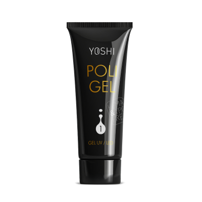 Tubo preto de gel para unhas com texto YOSHI POLI GEL e número 1