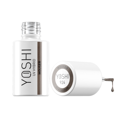 Frasco de verniz UV híbrido branco YOSHI MOUSER com tampa aberta e pingo de verniz castanho