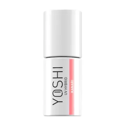 Frasco branco com tampa contendo verniz UV híbrido YOSHI KAMARI com faixa rosa