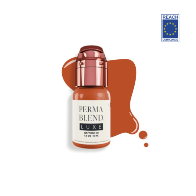 Frasco pequeno de líquido cor cobre com etiqueta branca e texto PREMA BLEND LUXE SAFFRON V2