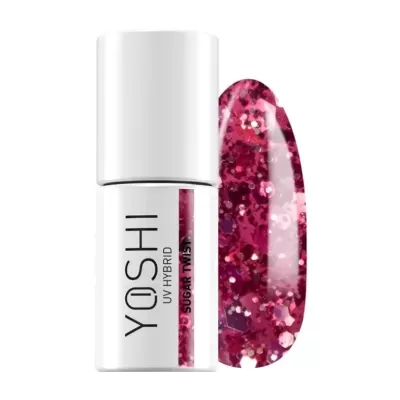Verniz de unhas YOSHI UV HYBRID cor rosa com glitter em frasco branco