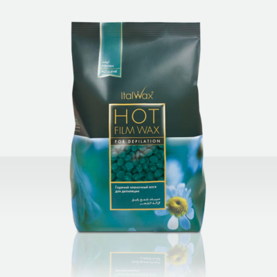 Embalagem Azul Escura de Cera Hot Film para Depilação com Grânulos Verdes e Imagem de Flor