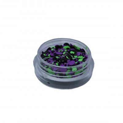 Frasco de lantejoulas fluorescentes verde e roxo sobre fundo branco