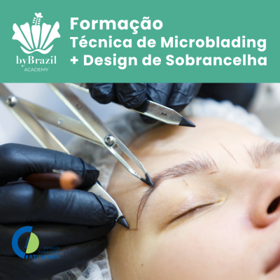 Pessoa a fazer microblading nas sobrancelhas com luvas pretas e texto promocional da formação.
