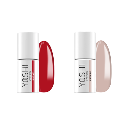 Duas garrafas de verniz de unhas YOSHI UV híbrido, vermelho e nude