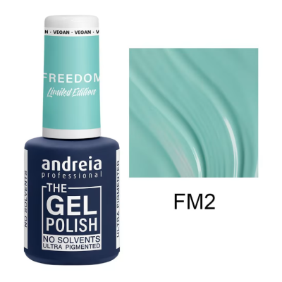 Verniz de gel azul Andreia Professional com tampa azul clara e amostra de cor azul clara FM2