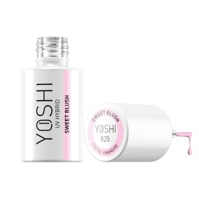 Frasco branco de verniz YOSHI Sweet Blush com tampa aberta e verniz rosa escorrendo