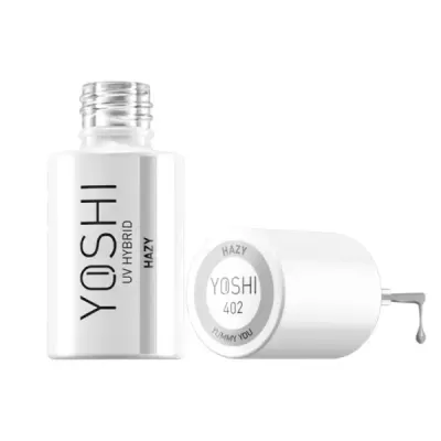 Verniz UV híbrido YOSHI HAZY em frasco branco com tampa ao lado, gota de verniz a cair